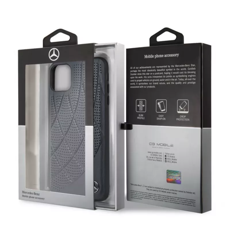 Capa traseira Quilted em pele genuína Mercedes-Benz para Apple iPhone 11 Pro Max, azul