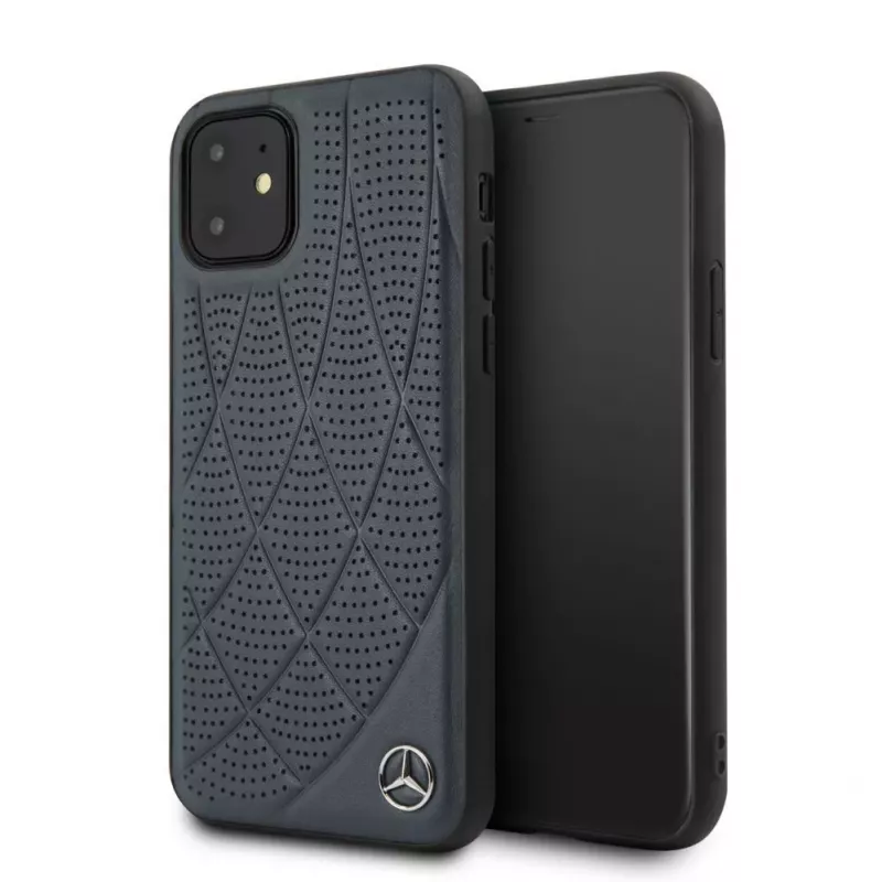 Capa Quilted em pele genuína Mercedes-Benz para Apple iPhone 11, azul