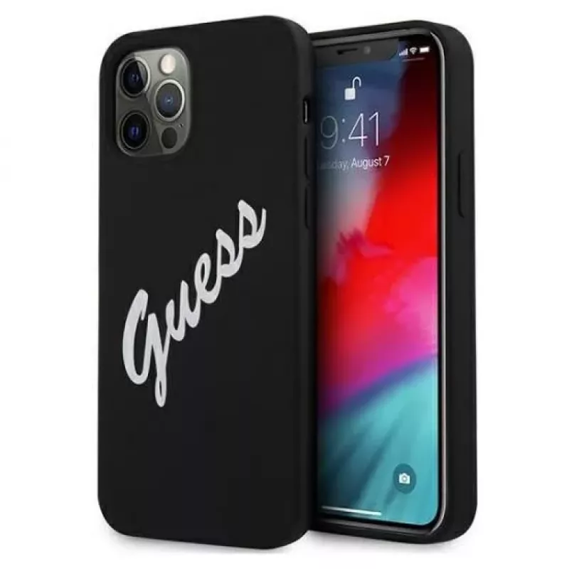 Guess capa de silicone Vintage White Script para Apple iPhone 12 Pro Max 6,7'', preto