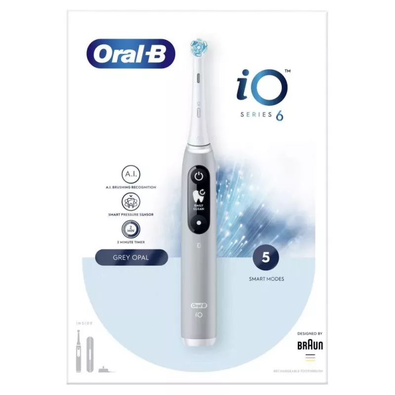 Escova de dentes elétrica recarregável Oral-B iO Series 6, cinzento opala, 5 modos de escovagem, 1 cabeça de escova, Bluetooth