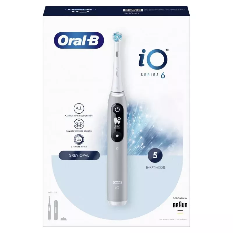 Escova de dentes elétrica recarregável Oral-B iO Series 6, cinzento opala, 5 modos de escovagem, 1 cabeça de escova, Bluetooth