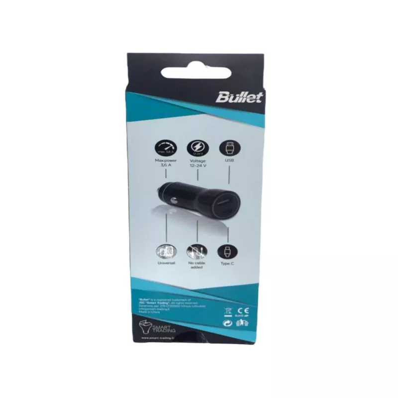 Carregador de automóvel BULLET USB Q3.0 + Type-C 2.4A preto