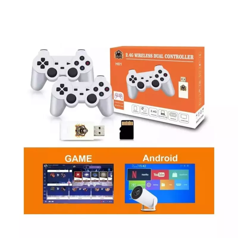 GameBox HY00 Consola Stick Retro 64bit 20K Jogos 4K HDMI / Caixa Android com 2x Comandos Sem Fios Branco