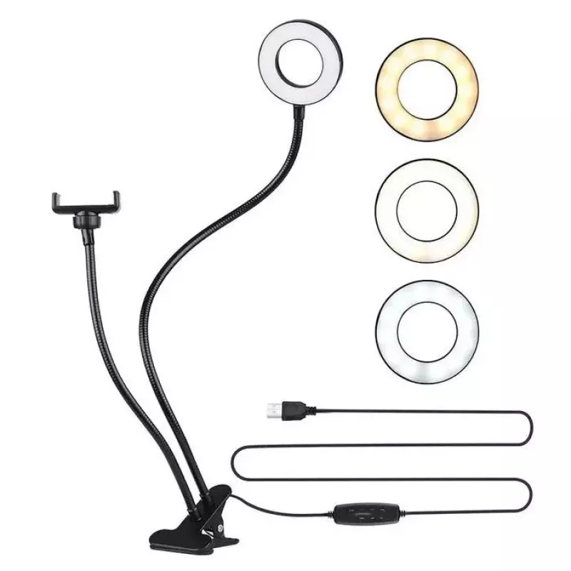 Elight TF Luz LED Anel Selfie 11cm com Clipe de Secretária para Live Stream com Tubo Flexível 30cm e Suporte para Telefone, Preto