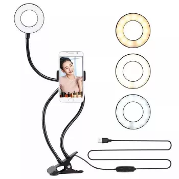 Elight TF Luz LED Anel Selfie 11cm com Clipe de Secretária para Live Stream com Tubo Flexível 30cm e Suporte para Telefone, Preto