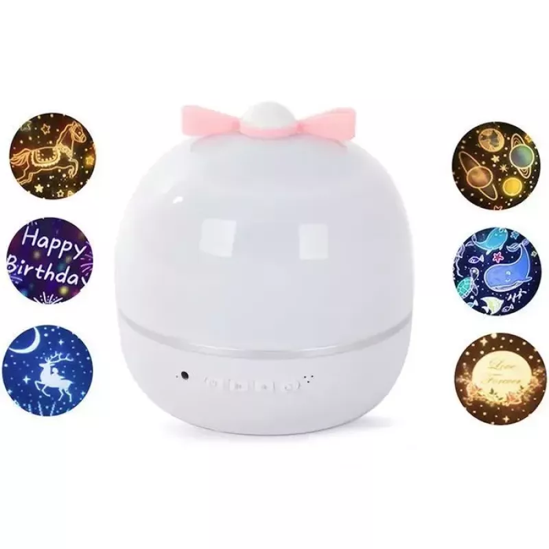 Kiddyz Candeeiro de projeção de sonho WH-16E (12x12x12 cm) com 6 películas de motivos, recarregável USB-C, branco