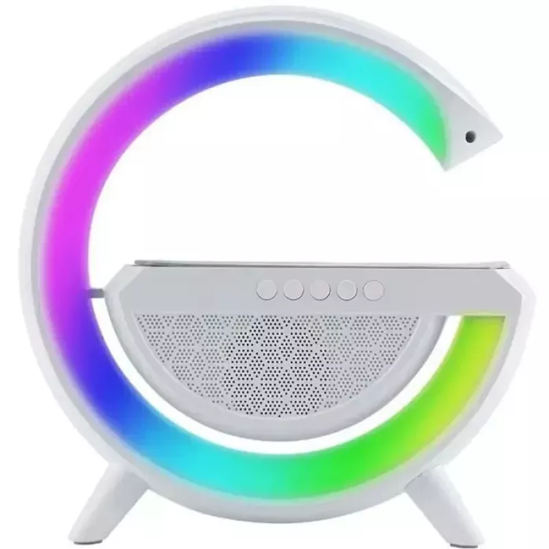 Elight Candeeiro altifalante em forma de G com iluminação LED RGB e carregador sem fios para dispositivos inteligentes branco