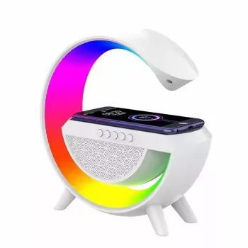 Elight Candeeiro altifalante em forma de G com iluminação LED RGB e carregador sem fios para dispositivos inteligentes branco