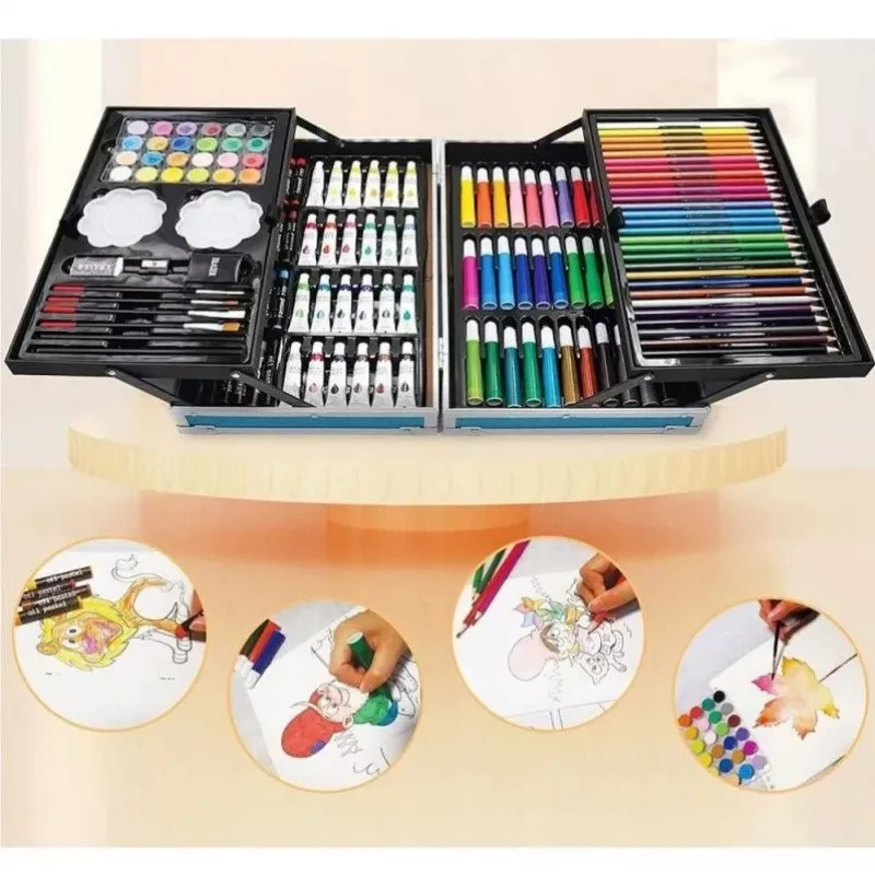 iLike Conjunto de Arte de Papelaria para Crianças 145pcs Kit de Desenho Criativo Estojo Rosa
