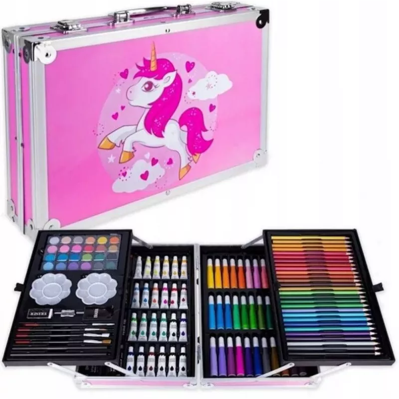 iLike Conjunto de Arte de Papelaria para Crianças 145pcs Kit de Desenho Criativo Estojo Rosa