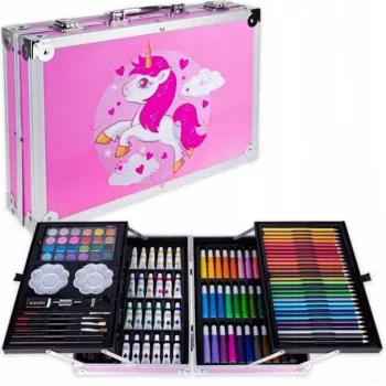 iLike Conjunto de Arte de Papelaria para Crianças 145pcs Kit de Desenho Criativo Estojo Rosa