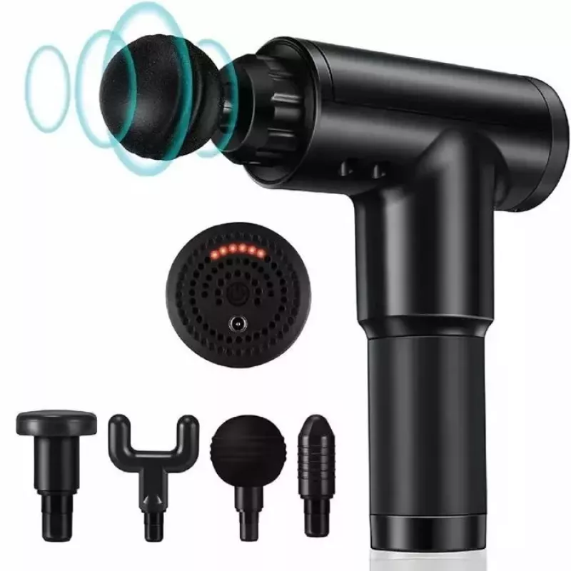 iLike GG Pistola de massagem muscular de fáscias portátil com vibração variável de 6 níveis + 3 acessórios preto