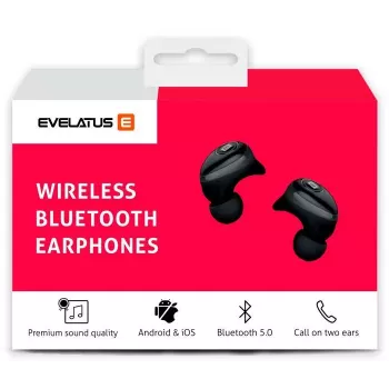 EVELATUS EBE01BK Auscultadores True Wireless Stereo In-Ear Bluetooth 5.0 com estojo de carregamento, IPX4, preto