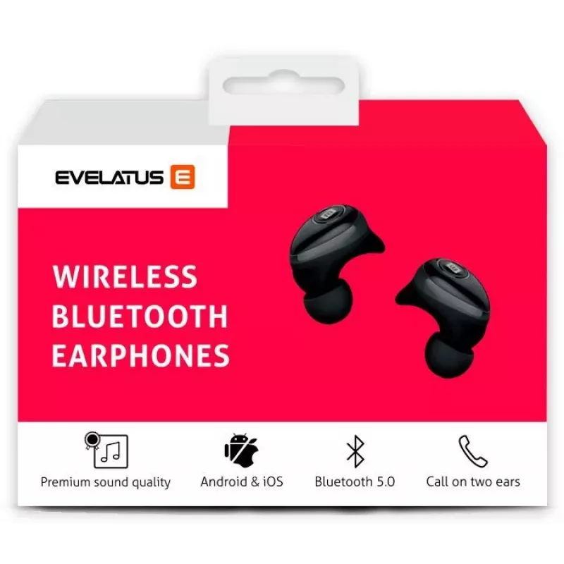 EVELATUS EBE01BK Auscultadores True Wireless Stereo In-Ear Bluetooth 5.0 com estojo de carregamento, IPX4, preto