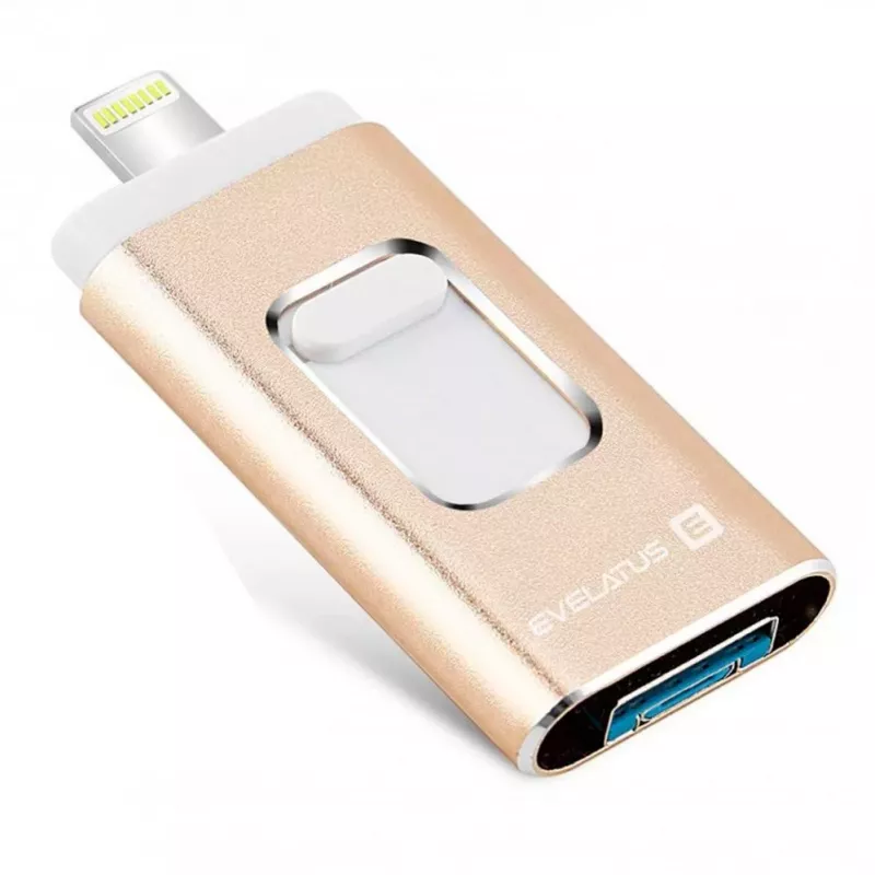 Evelatus Pen USB para Lightning 32GB 3em1 (USB, iPhone e Micro) dourada