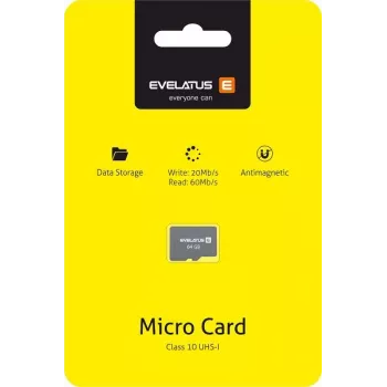 Evelatus Cartão de memória MicroSDXC 64GB Classe 10 UHS-I U1 V10 60MB/s leitura 20MB/s escrita
