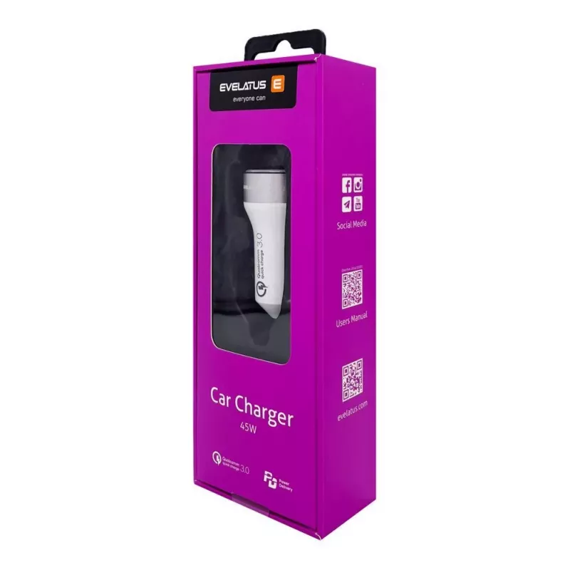 Evelatus Carregador rápido para automóvel QCC03, branco