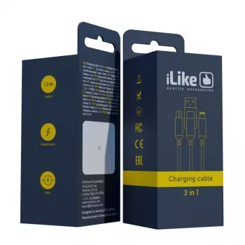 iLike Cabo de carregamento 3 em 1, USB-A para USB-C/Lightning/Micro USB, nylon entrelaçado, 1,2 m, Preto