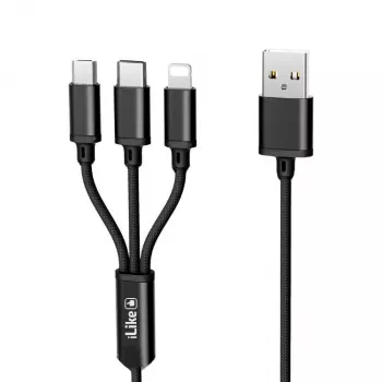 iLike Cabo de carregamento 3 em 1, USB-A para USB-C/Lightning/Micro USB, nylon entrelaçado, 1,2 m, Preto