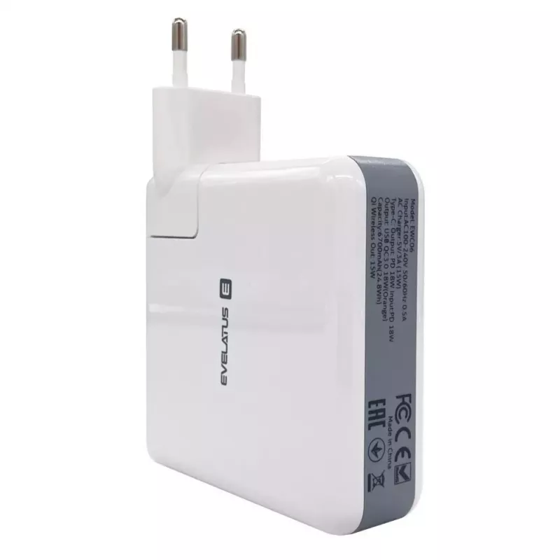 Adaptador de viagem Evelatus com carregador sem fios EWC06 branco
