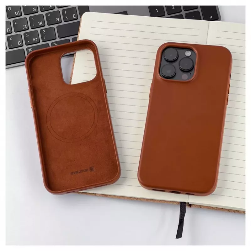 Capa Evelatus em pele genuína para Apple iPhone 14 Pro Max com MagSafe castanho