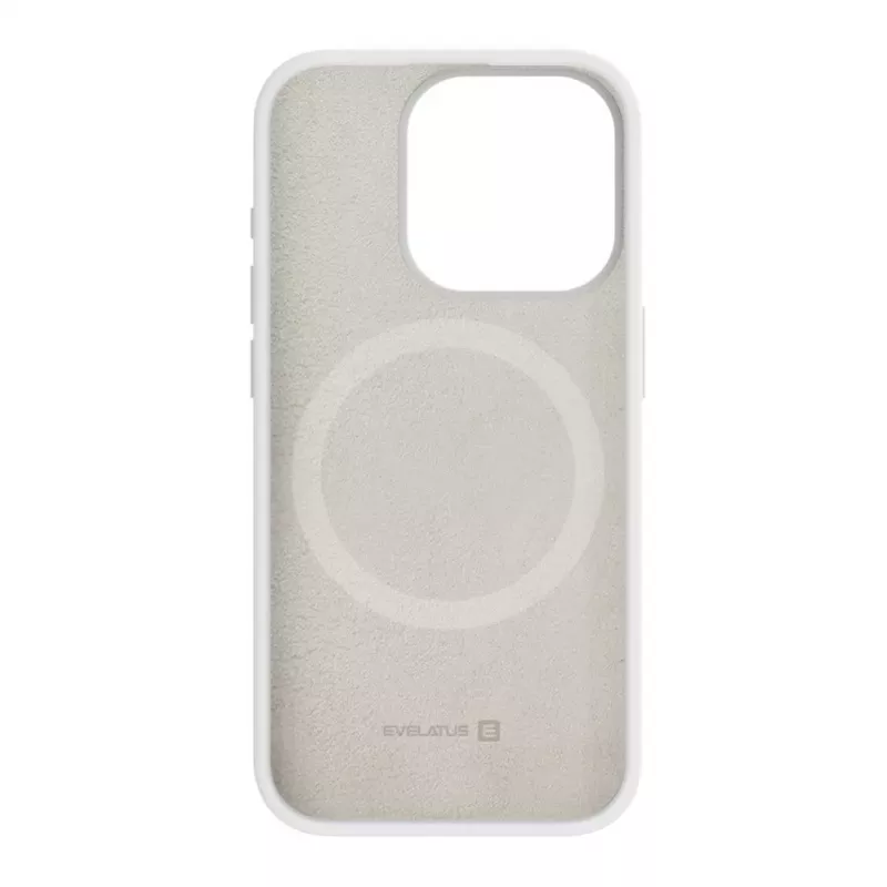 Capa de silicone Premium MagSafe Soft Touch Evelatus para Apple iPhone 15 Pro branca