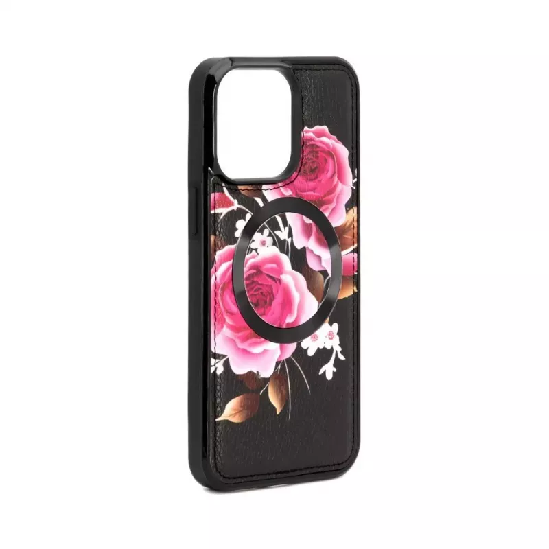 Capa em pele Evelatus para Apple iPhone 14 Pro com design de fecho flor preta