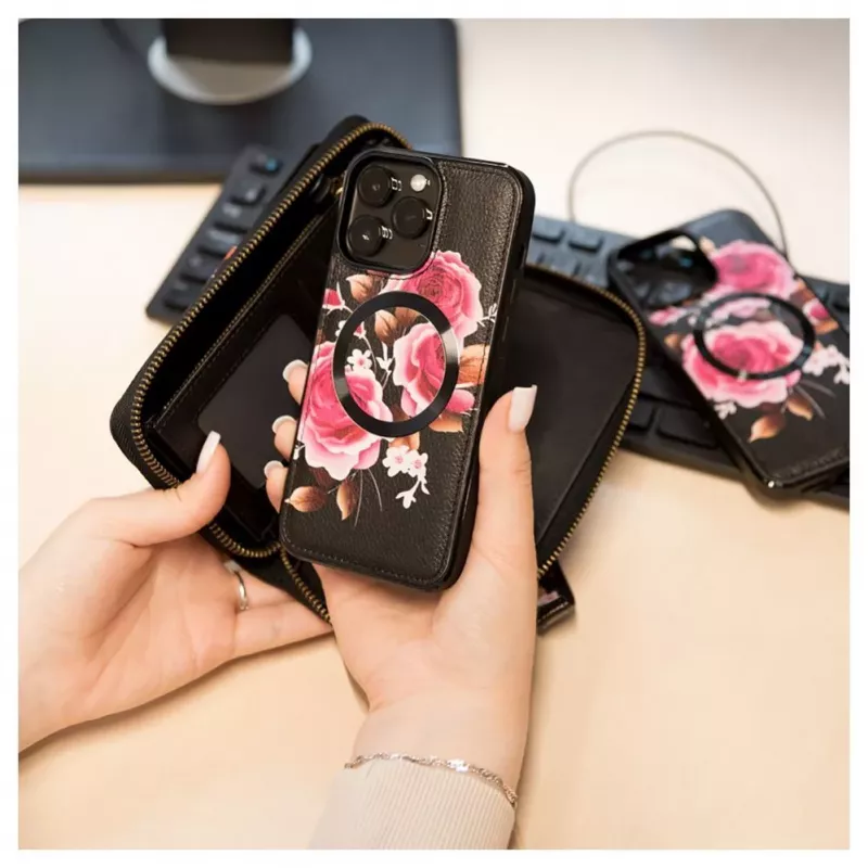 Capa em pele Evelatus para Apple iPhone 14 Pro com design de fecho flor preta