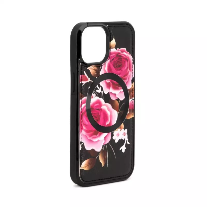 Capa em pele Evelatus para Apple iPhone 15 com design de fecho flor preta