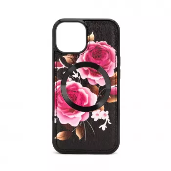 Capa em pele Evelatus para Apple iPhone 15 com design de fecho flor preta