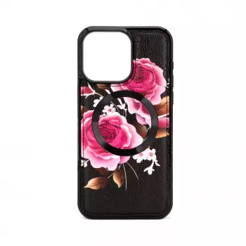 Capa em pele Evelatus para Apple iPhone 15 Pro com design de fecho flor preta