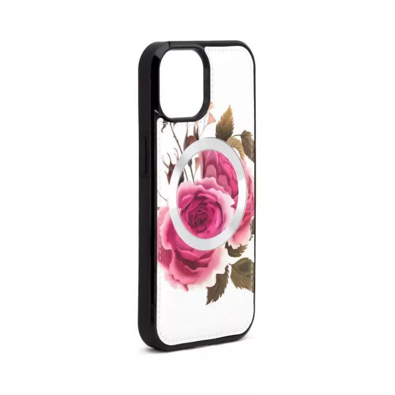Capa em pele Evelatus para Apple iPhone 14 com design de fecho flor branca