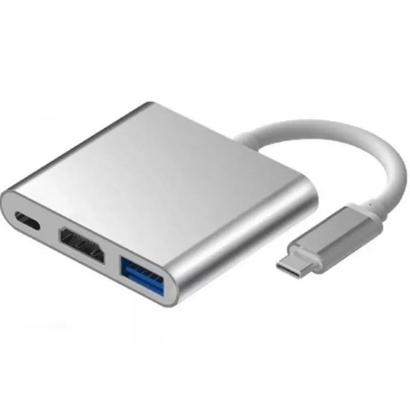 iLike HD1 adaptador 3em1 USB-C para HDMI 4K / USB 3.0 / conector fêmea USB-C prateado