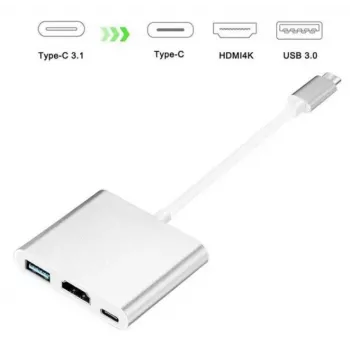 iLike HD1 adaptador 3em1 USB-C para HDMI 4K / USB 3.0 / conector fêmea USB-C prateado
