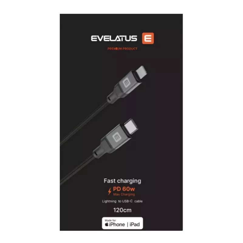 Evelatus cabo USB-C para Lightning 1,2m 60W MFi certificado nylon trançado caixa de alumínio preto
