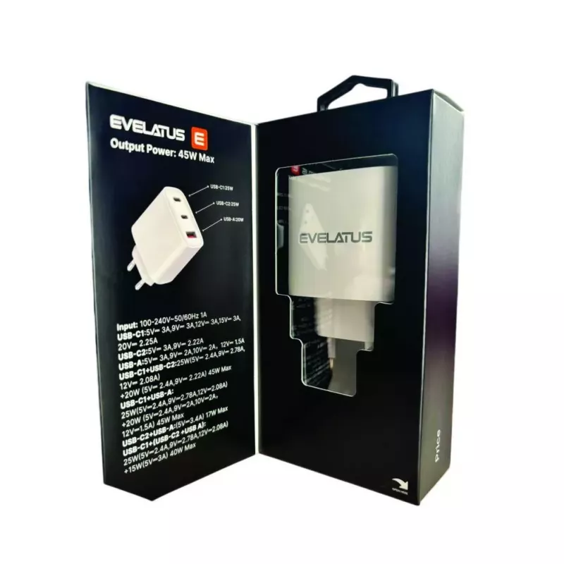 Evelatus Carregador rápido 45W Max EU USB-C1/USB-C1/USB-A - RCE-4501ACCL branco