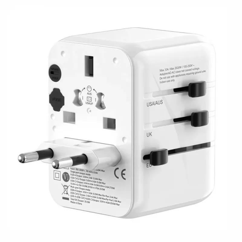 EVELATUS Adaptador de Viagem Mundial 35W com 1 USB-C PD, 2 USB-C, 2 USB-A, Branco