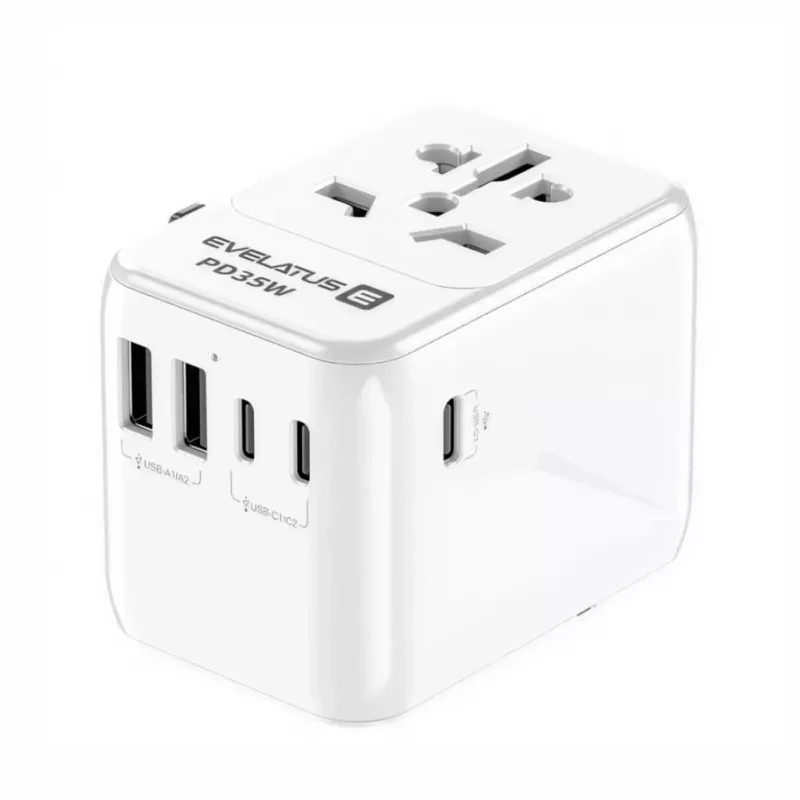 EVELATUS Adaptador de Viagem Mundial 35W com 1 USB-C PD, 2 USB-C, 2 USB-A, Branco