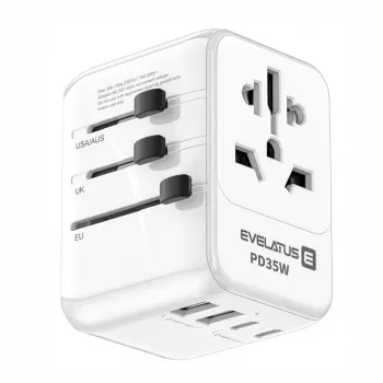EVELATUS Adaptador de Viagem Mundial 35W com 1 USB-C PD, 2 USB-C, 2 USB-A, Branco