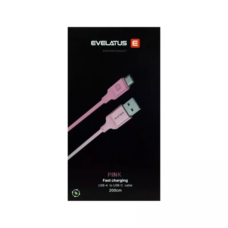Evelatus Cabo USB-A para USB-C 2M Nylon Entrançado Caixa de Alumínio Rosa