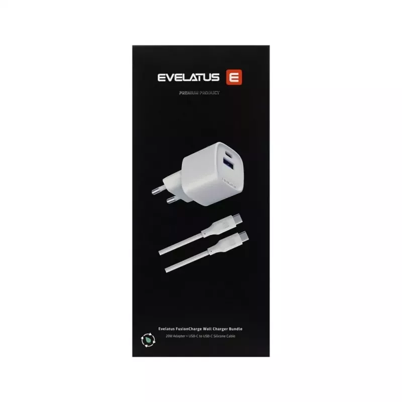 Evelatus FusionChage Carregador de parede Bundle Adaptador de corrente 20W - Cabo de silicone USB-C para USB-C 60W Branco