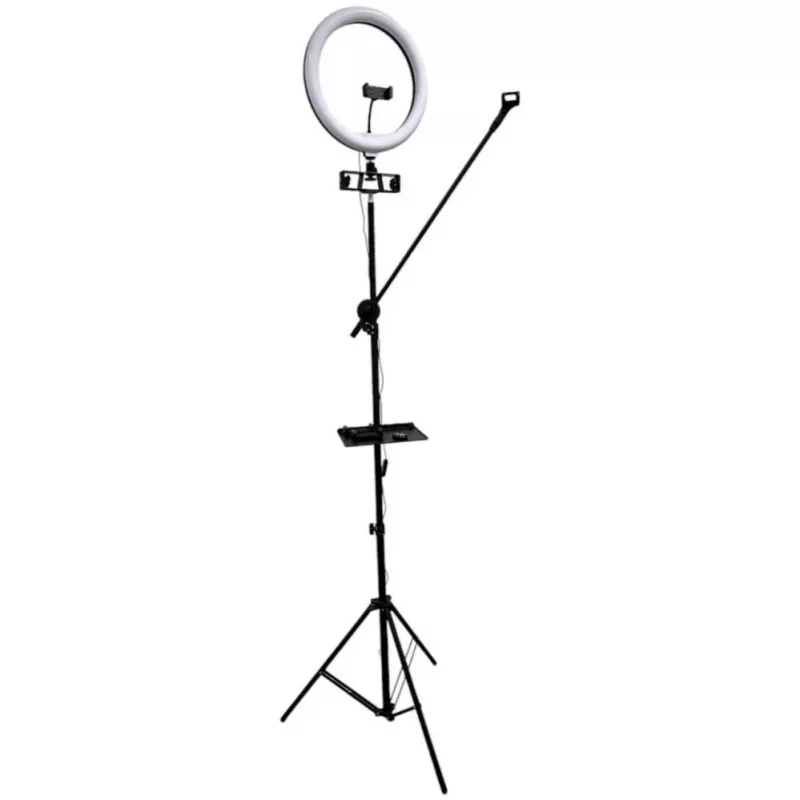 iLike S14 Anel de luz LED para selfies 36cm + Tripé 2,1m + Prateleira e 3x Suporte para telefone/microfone Preto