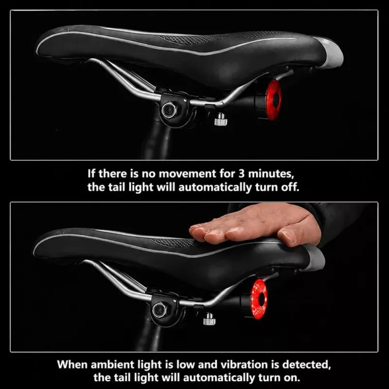 iLike Smart USB luz traseira de bicicleta recarregável com sensor de travagem, 7 modos de iluminação, IPX5 à prova de água, luz traseira de bicicleta em alumínio, suporte para espigão de selim