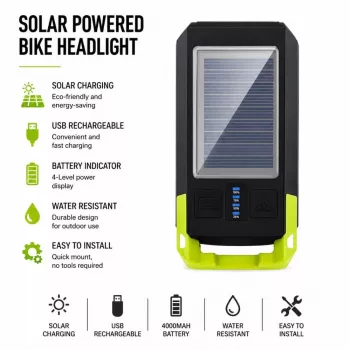 iLike luz frontal de bicicleta com alimentação solar e buzina de 120 dB, recarregável por USB, luz frontal de bicicleta LED 1000LM, bateria 4000mAh, luz de aviso de emergência