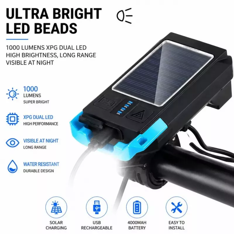 iLike farol dianteiro de bicicleta solar com buzina de 120 dB, recarregável por USB, luz frontal LED de 1000LM, bateria de 4000 mAh, luz de emergência