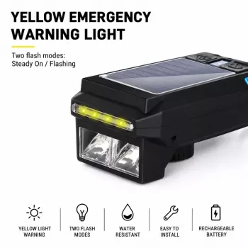 iLike luz frontal de bicicleta com alimentação solar e buzina de 120 dB, recarregável por USB, luz frontal de bicicleta LED 1000LM, bateria 4000mAh, luz de aviso de emergência
