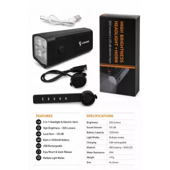 iLike farol de bicicleta recarregável com buzina elétrica de 120 dB, luz de bicicleta LED 300 lúmenes, recarregável por USB, controlo remoto no guiador