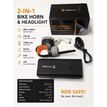 iLike JOHORSE farol de bicicleta e buzina elétrica – 300 lúmenes, 120 dB, recarregável por USB