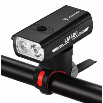 iLike JOHORSE luz frontal de bicicleta recarregável por USB, farol de bicicleta LED 400LM, feixe duplo, caixa em alumínio, indicador de carga da bateria, luz de bicicleta à prova de água
