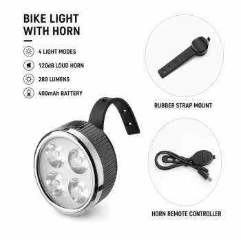iLike Farol de bicicleta recarregável com buzina de 120dB, 280 lúmenes, 4 modos de luz, recarregável por USB, comando sem fios
